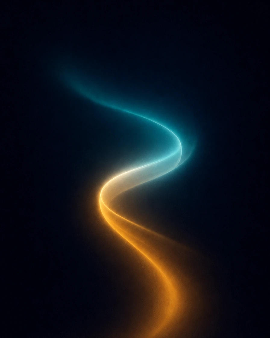 A single band of light curving through the dark, cool turquoise at one end and warm amber at the other.