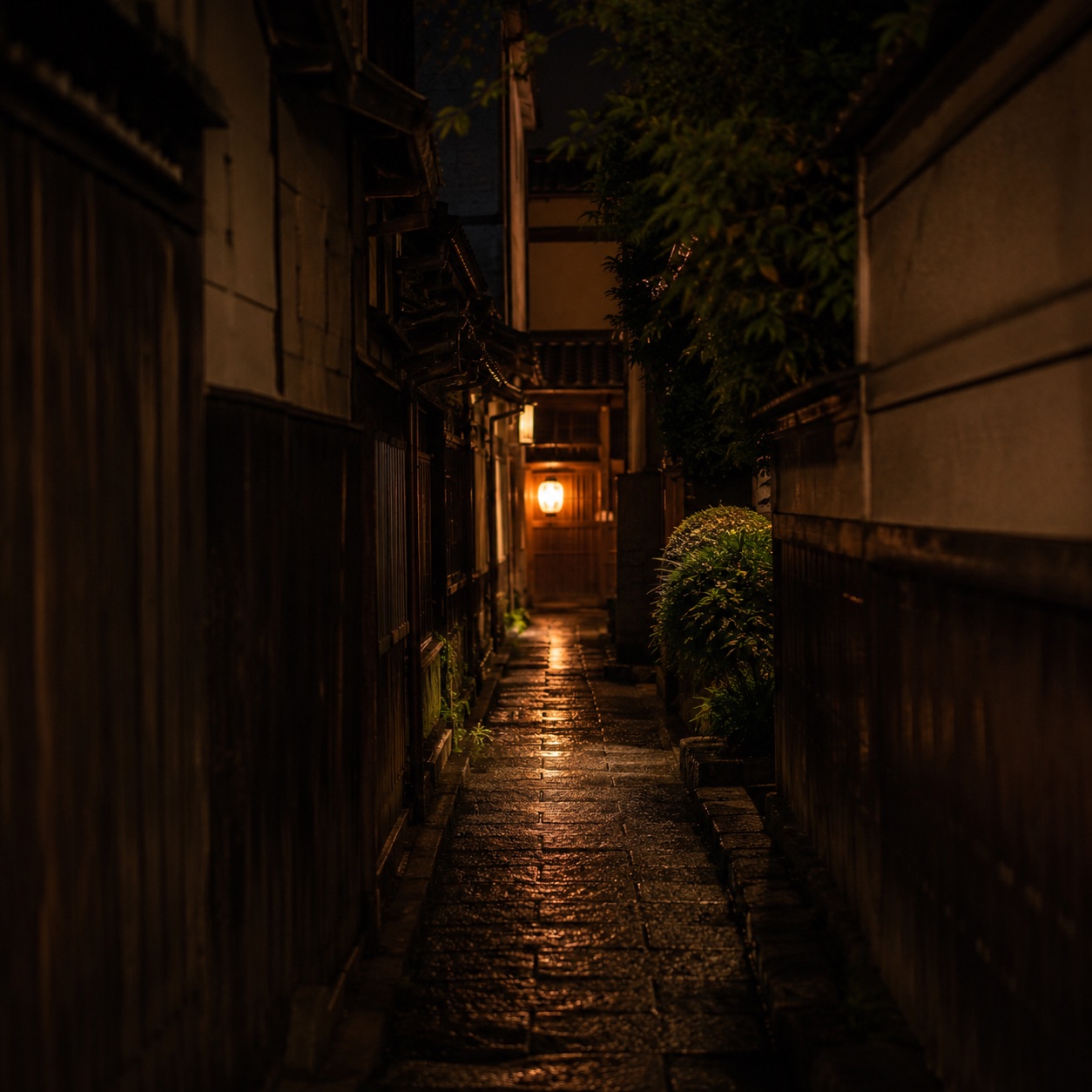 祇園の路地最奥に灯る提灯