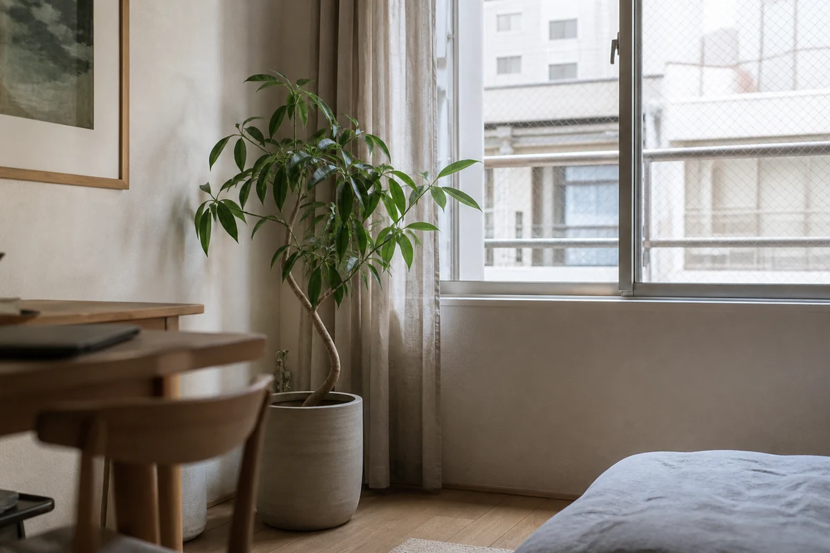 北向きの窓辺に置かれた観葉植物