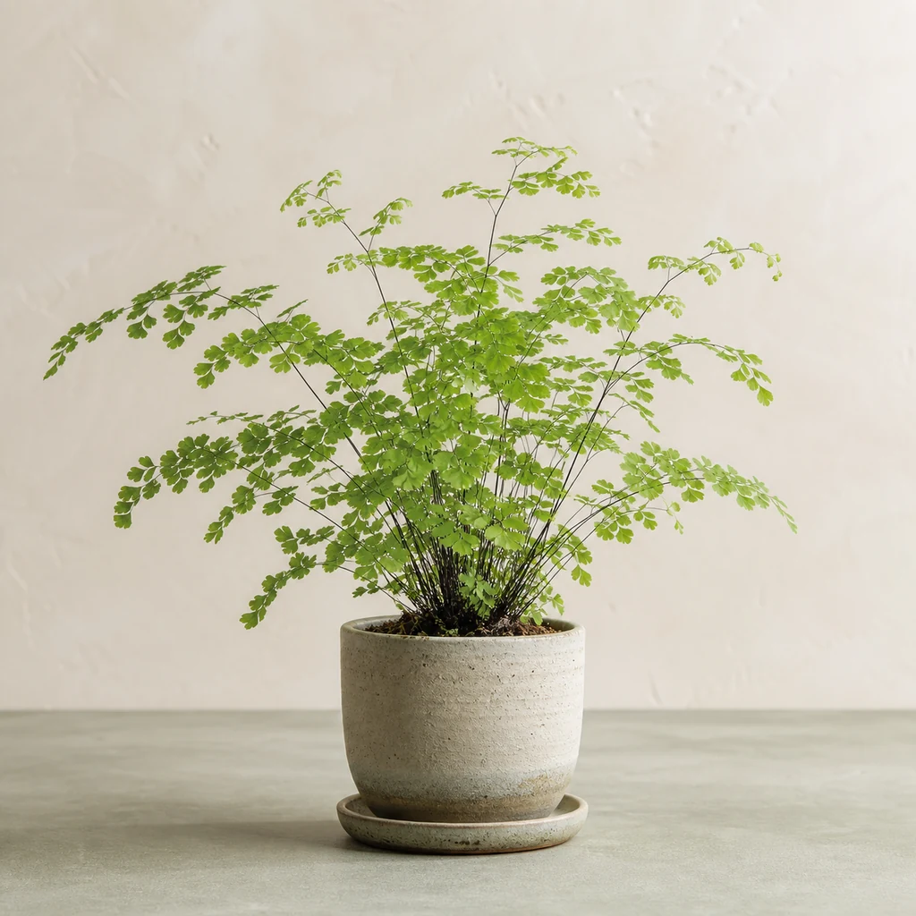 受け皿付きの鉢に植えたアジアンタム