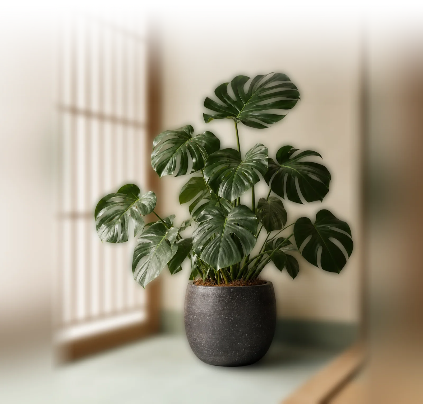 濃い色の鉢に植えたモンステラ