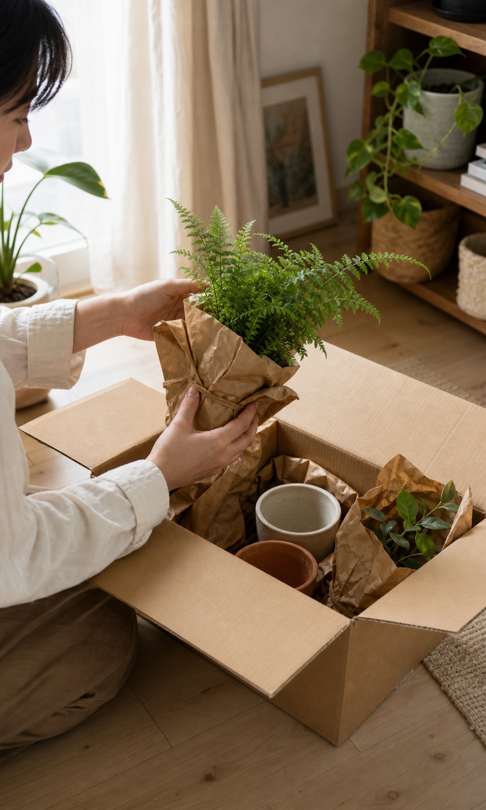 日本の住まいで植物の配送箱を開いている様子