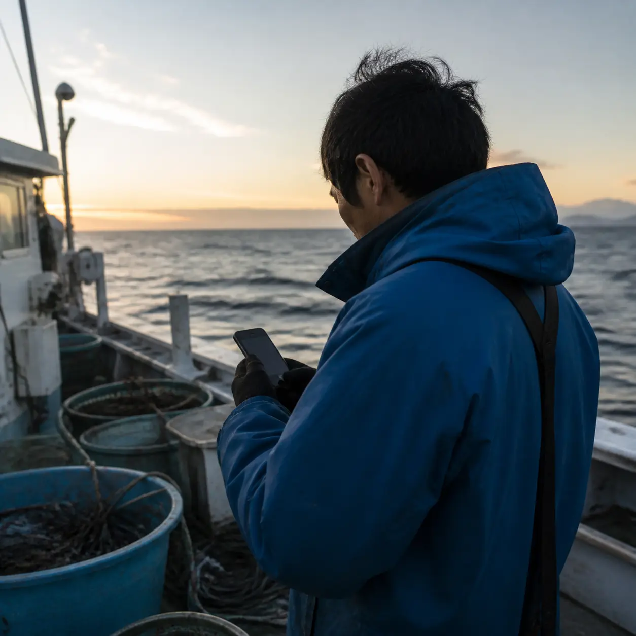 小型漁船の甲板で防水ジャケットの担当者が手元の端末を確認している様子