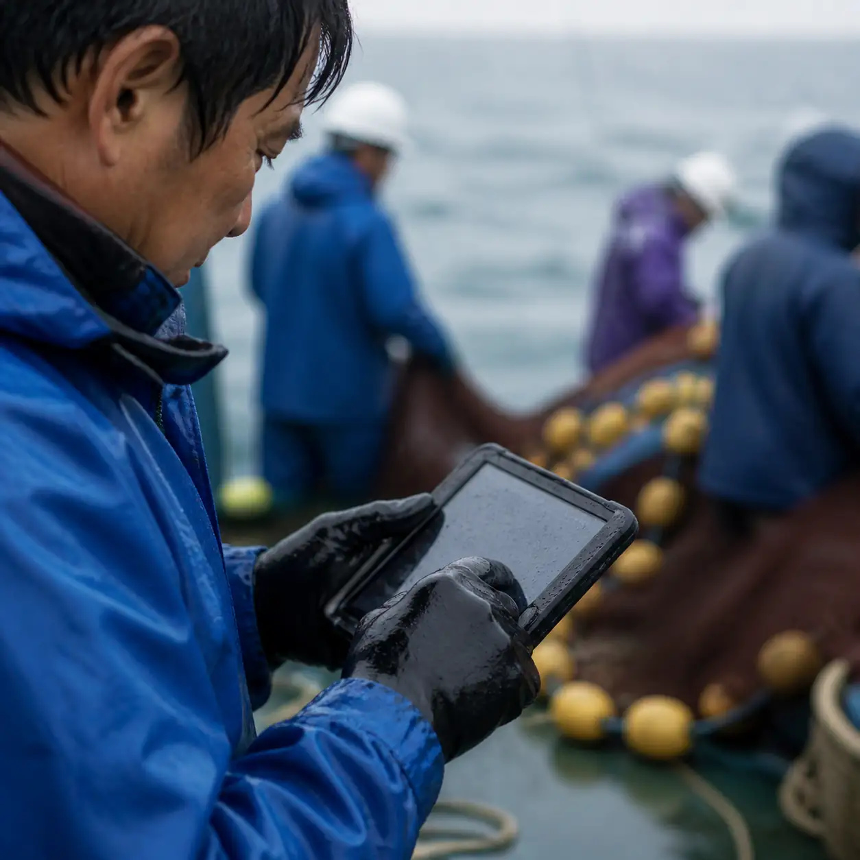海水で濡れた手袋の手が、防水ケースに入った端末を操作している接写