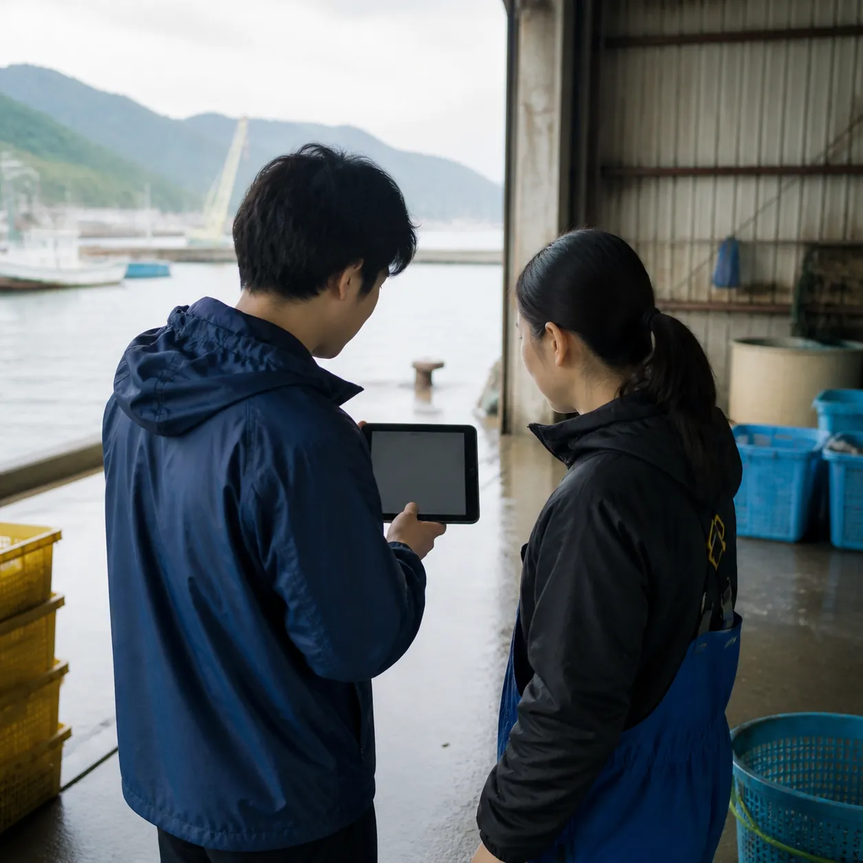 港の作業小屋で、作業着の担当者と事業者がタブレットを挟んで話している様子