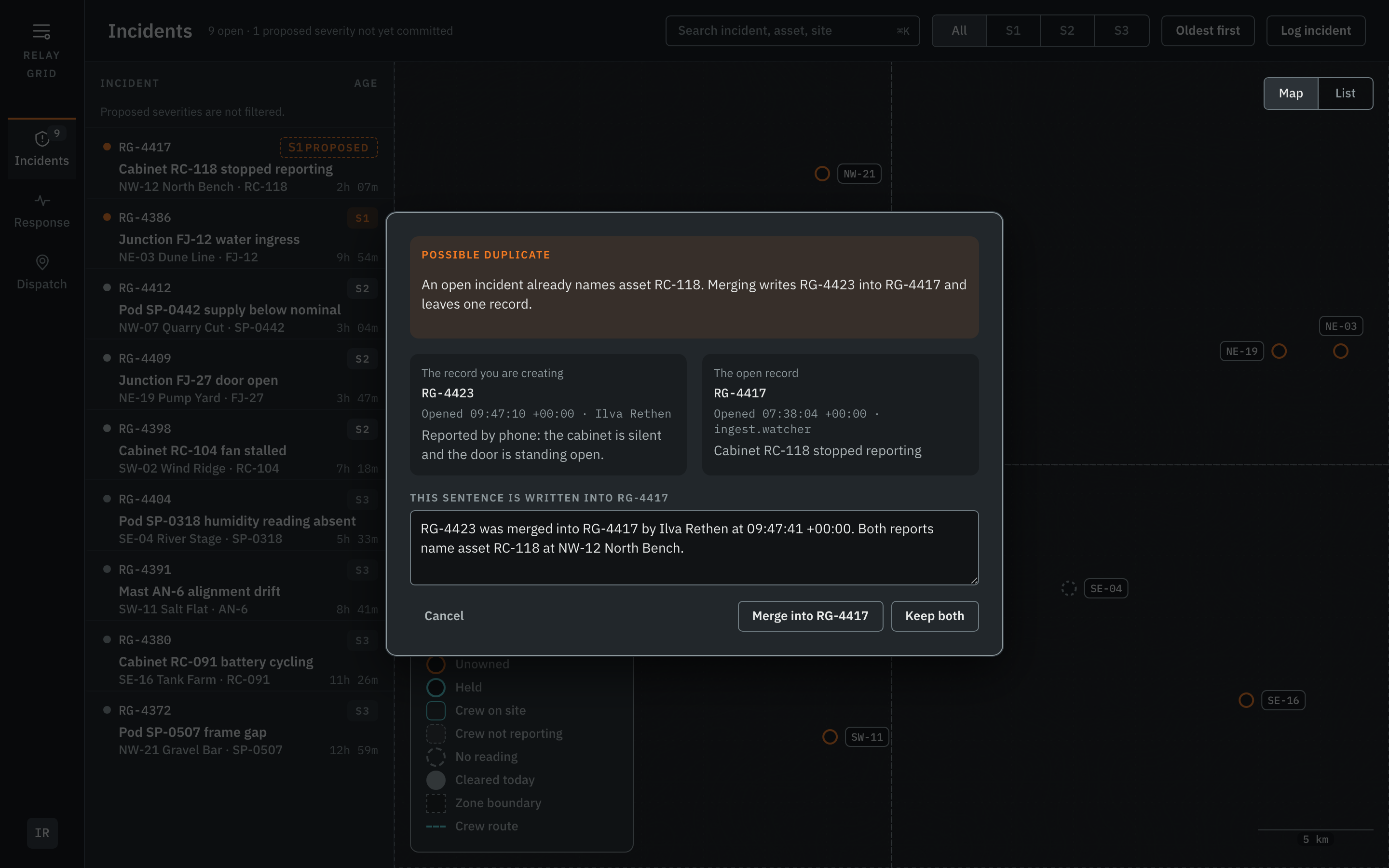 The Incident Board dimmed behind a modal dialog. At the top of the dialog an orange-tinted band reads POSSIBLE DUPLICATE, with the sentence: an open incident already names asset RC-118, merging writes RG-4423 into RG-4417 and leaves one record. Below it two panels side by side hold the record being created and the open record, each with its identifier, opening time, actor and description. Beneath them a label reading THIS SENTENCE IS WRITTEN INTO RG-4417 sits over an editable field containing the merge sentence, and a row of three unfilled controls reads Cancel, Merge into RG-4417 and Keep both.