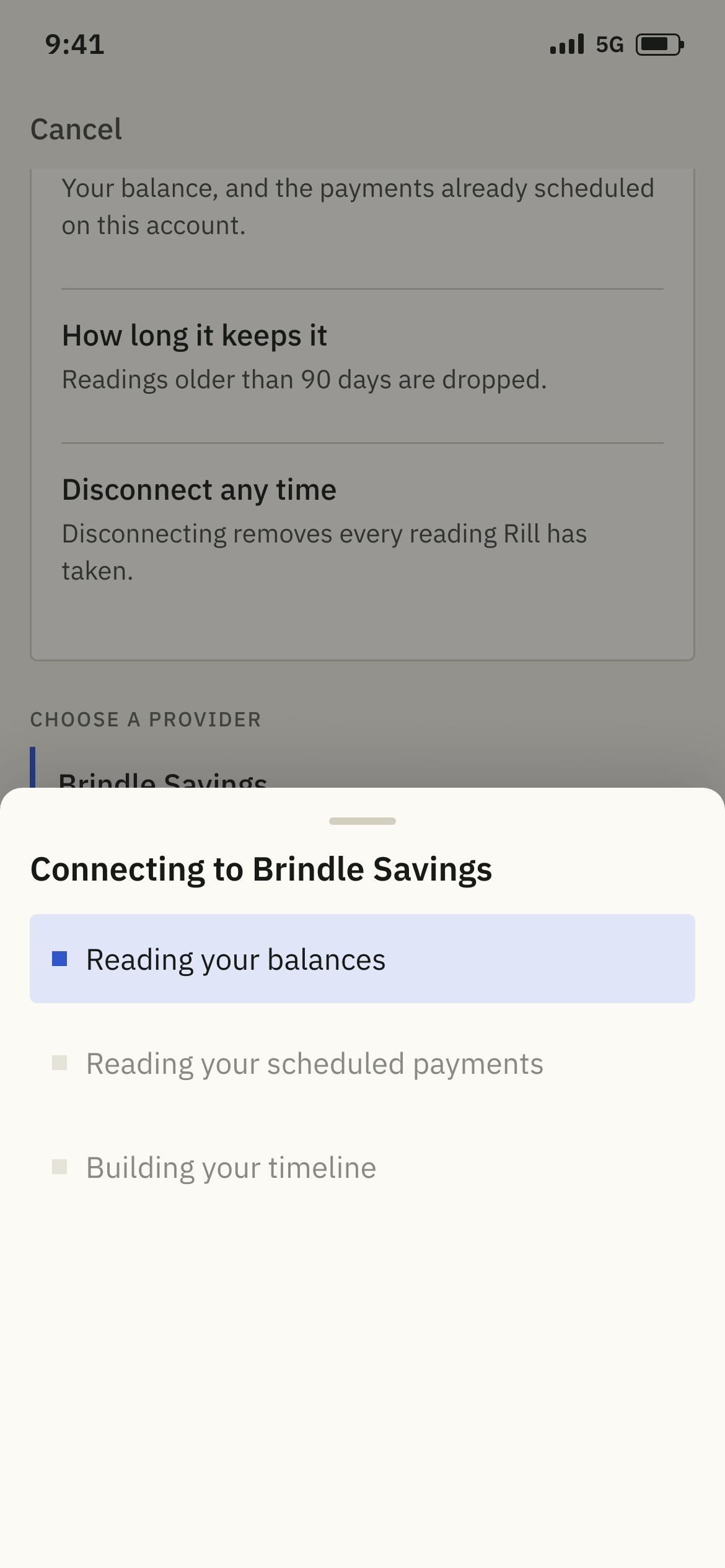 Rill's connect progress sheet over the dimmed connection screen: Connecting to Brindle Savings, with Reading your balances active and two further stages pending.