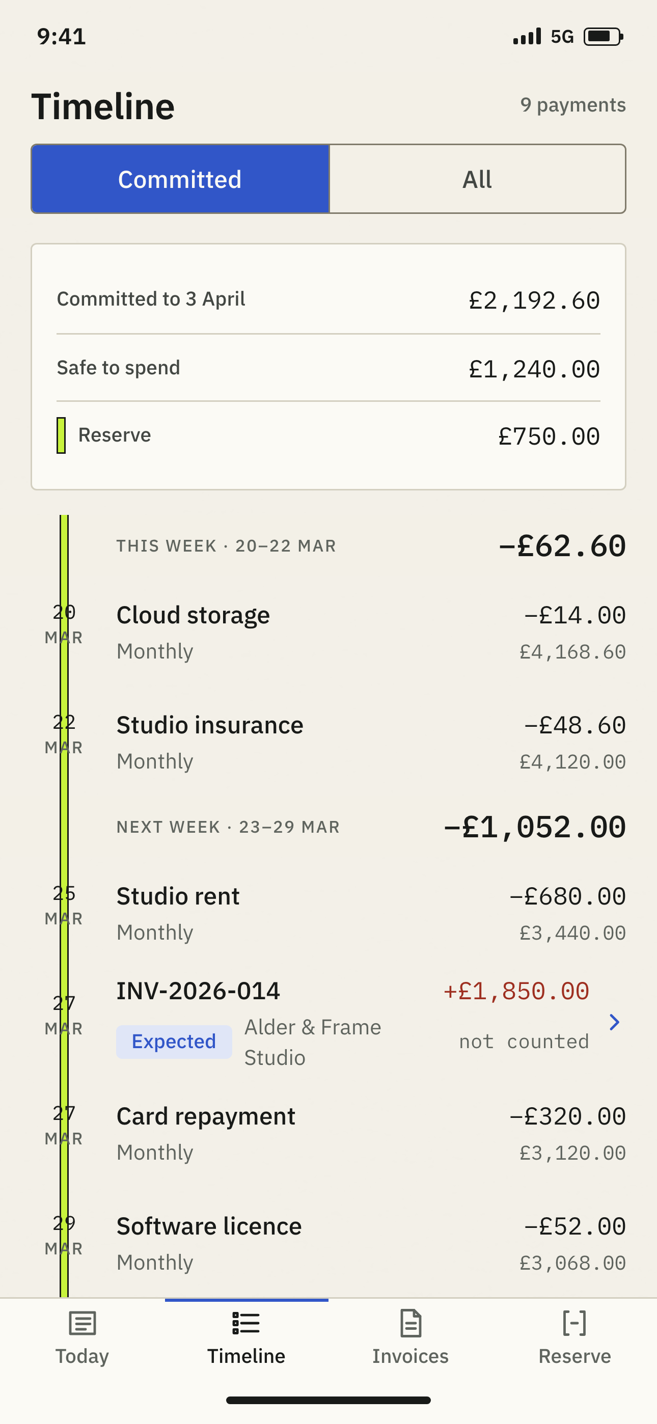 The same Timeline screen at 430 by 932, showing two further payment rows inside the same fold.