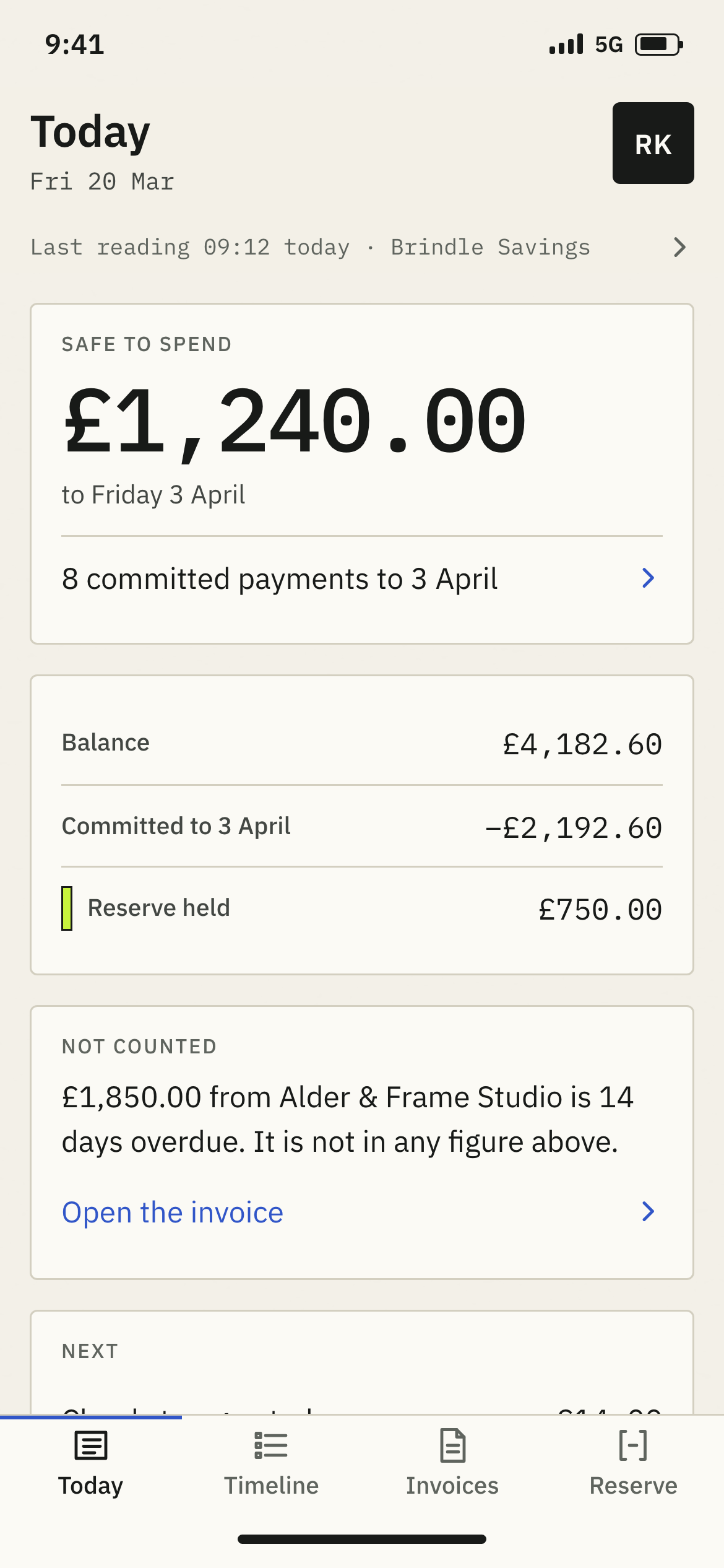 Rill's Today screen: safe to spend £1,240.00, a derivation row reading 8 committed payments to 3 April, a panel showing balance £4,182.60, committed to 3 April −£2,192.60 and reserve held £750.00, then a NOT COUNTED panel naming an overdue invoice of £1,850.00.