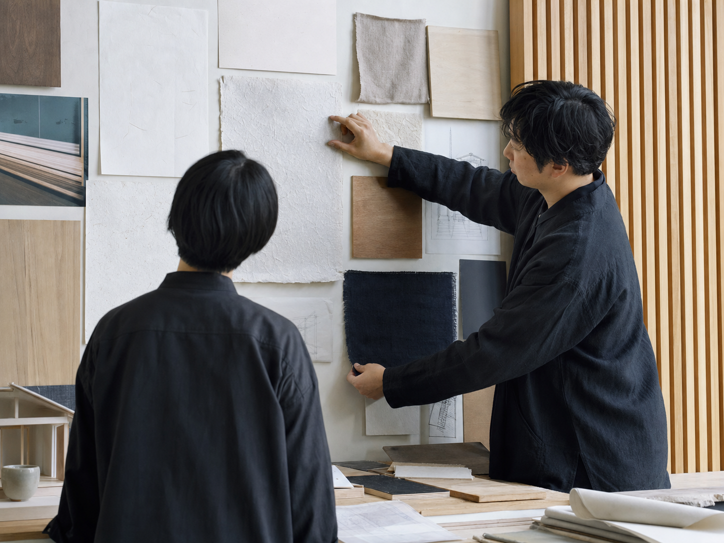 和紙、木、藍布の素材壁を見ながら相談する二人のデザイナー