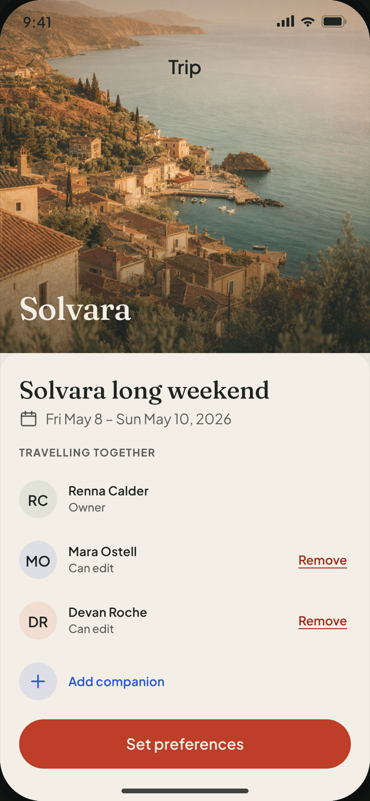Trip Brief screen: a full-bleed Solvara photograph with the city name over it, and a paper sheet below carrying the trip title, dates, three companion rows and a Set preferences button.