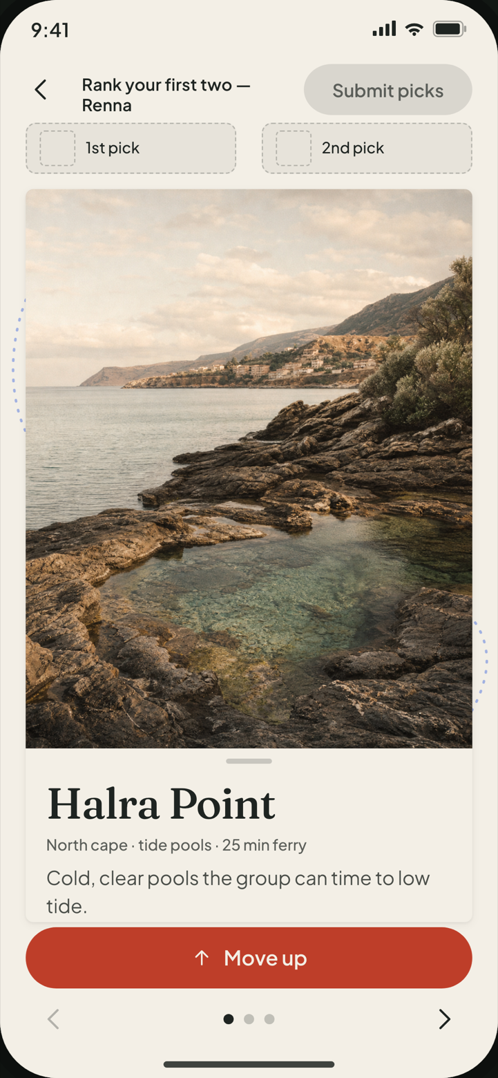 Shortlist Vote screen: a destination card with a photograph, two rank slots labelled 1st pick and 2nd pick above it, and a sticky Submit picks button.