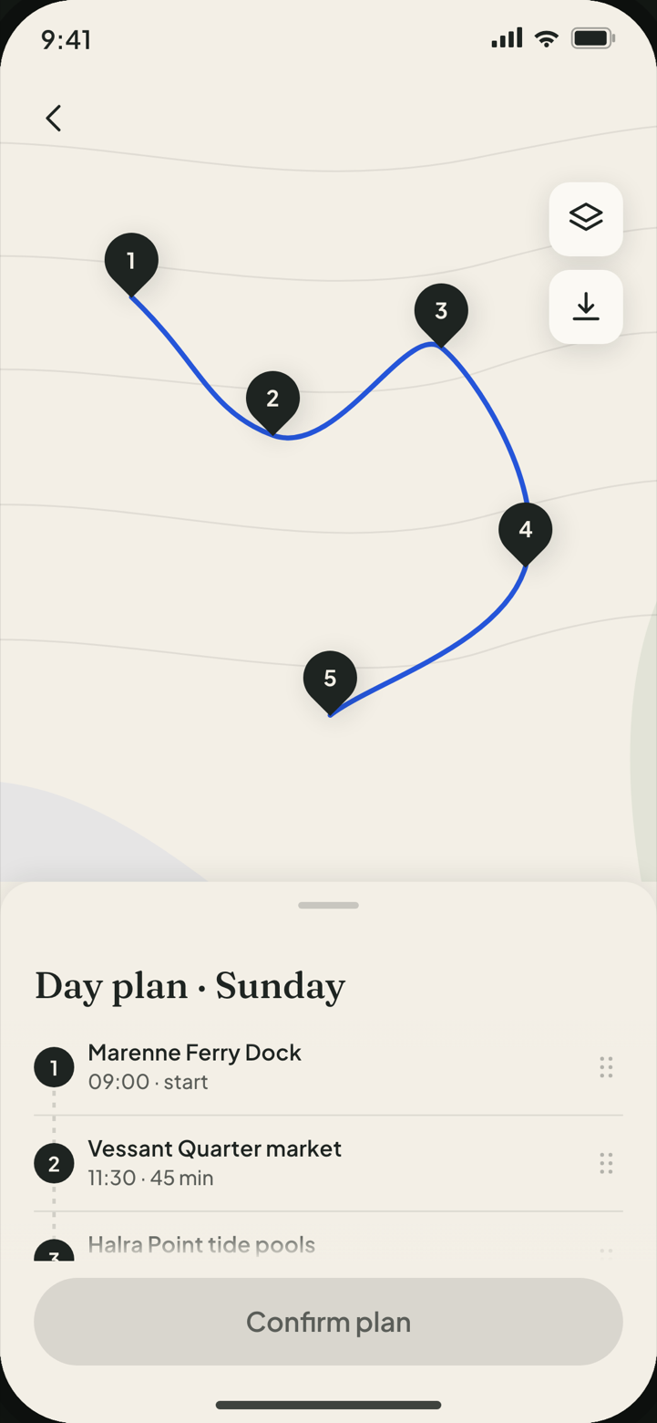 Itinerary Map screen: numbered pins on a route with a cobalt line, and a sheet below listing five numbered stops with times, including a closed-for-this-slot row.