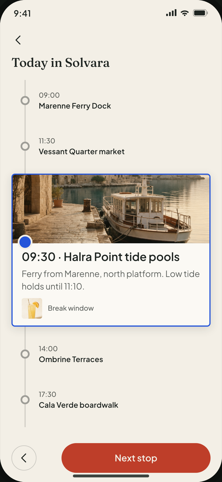 Live Day screen: heading Today in Solvara with an OFFLINE pill, a vertical time rail of five stops, and the current stop promoted to a photographic card.