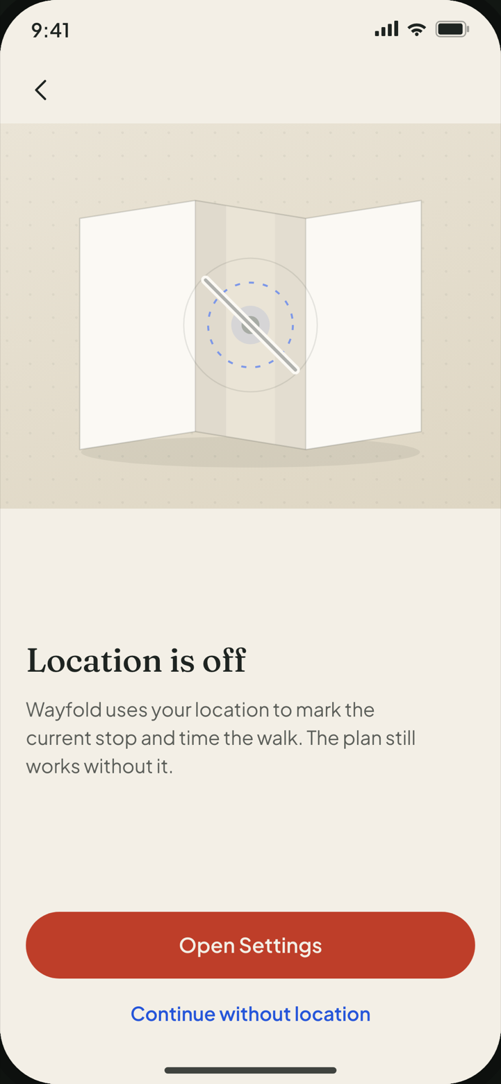 Location permission denied screen: a folded map illustration with a struck-through location dot, the heading Location is off, an Open Settings button and a Continue without location link.