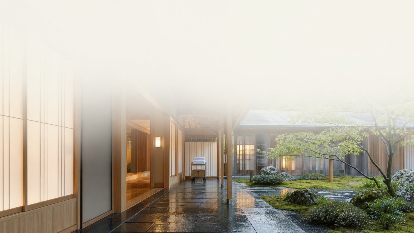 雨庭を望む静かな旅館の廊下と、端に置かれた麻布のリネンカート